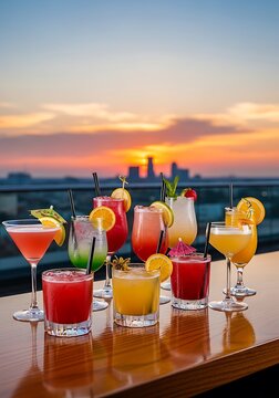 Assortment of colorful mixed drinks displayed on a bar surface against an urban sunset backdrop