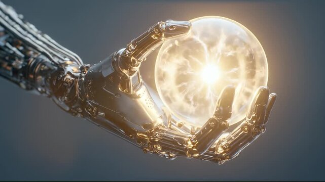 Robotic arm holding energy sphere, generating electric lightning sparks