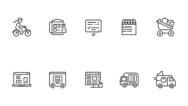 Online shopping and delivery icons: A collection of clean, modern outline icons depicting the online shopping process, from browsing and purchasing to delivery.