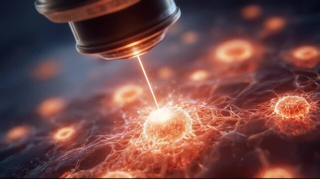 Laser beam targeting glowing cell, innovative medical research for disease treatment