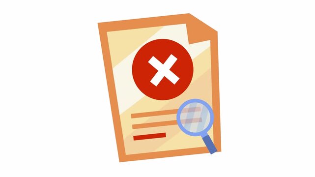 Rejected check mark on document checklist icon with magnifying glass for data audit in a cartoon animation. Failed project management task list symbol for error data validation element concept.
