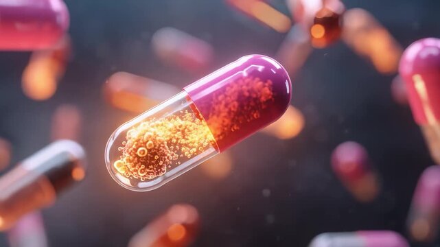 Red and pink medical capsules falling on a dark background