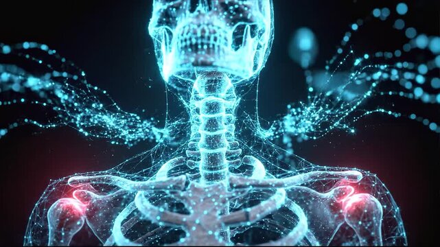 Blue glowing polygonal skeleton looking up on black background