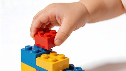 Naklejka premium Childs hand placing red LEGO block