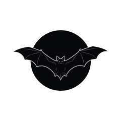 Bat vector silhouette illustration with outstretched wings in front of a full moon line art. © MdKhalidIbneMahbub