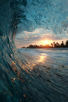 Surfing wave with a 7-foot tall inside curvature, showcasing bright colors and tropical island backdrop under a clear sky at sunset