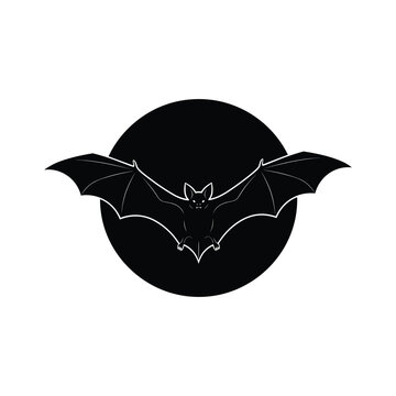 Bat vector silhouette illustration with outstretched wings in front of a full moon line art.