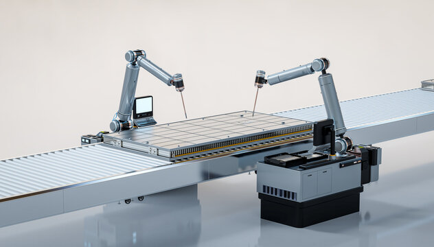 3d rendering robotic arms manufacture electric car battery