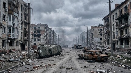 Fototapeta premium War destroyed city street with ruined buildings, devastated urban landscape after military conflict, abandoned armored vehicles and debris on road