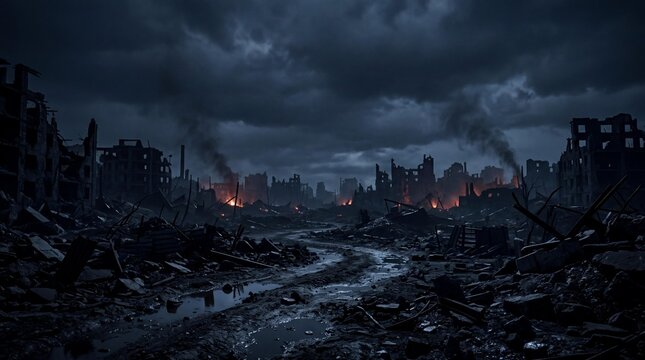 Destroyed City Street with Ruins and Burning Buildings at Night, Apocalyptic Urban Warfare and Devastation Scene for News and Editorial Background