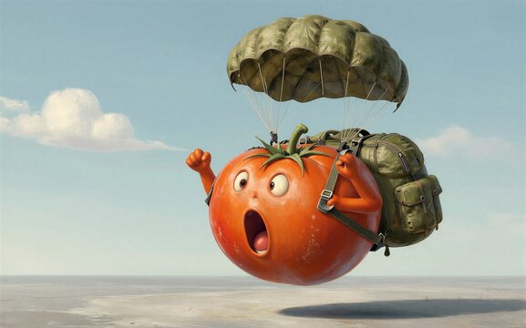 A cartoon tomato parachutes down wearing a backpack and looking