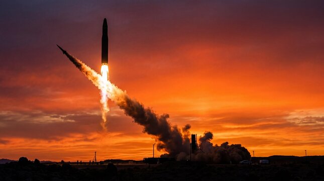 Long Range Ballistic Missile Launch at Sunset with Fire and Smoke Trails, Military Defense and Rocket Strike Concept Background for News and Editorial
