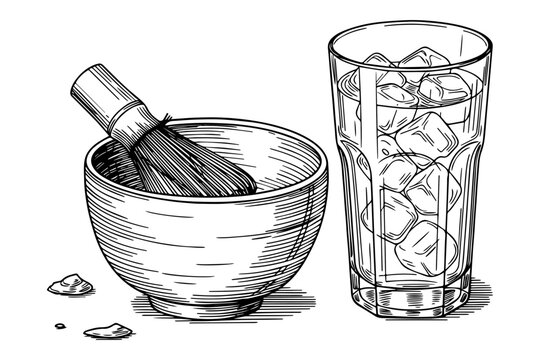Vintage matcha tea ceremony set with bamboo whisk and ceramic bowl, iced green tea glass with ice cubes, hand drawn black and white ink sketch
