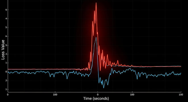 A graph showing loss value over time with a large spike in red and smaller fluctuations in blue on a black background