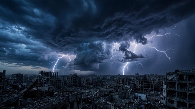 Shattered Residential Street with Destroyed Apartment Buildings and Rubble, Concept of War Aftermath, Urban Conflict, and Humanitarian Crisis in Devastated Neighborhood Environment