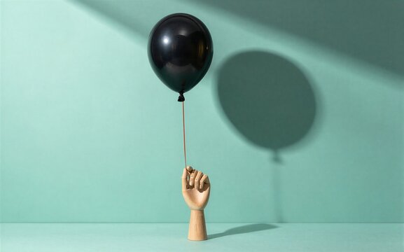 A wooden hand holds a black balloon against a mint green backdrop.