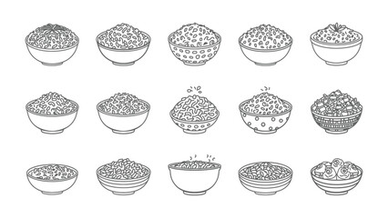 Variety of Rice Bowl Collection: a diverse set of hand-drawn illustrations showcasing bowls of rice, each one offering a unique visual representation of the world's most versatile grain. © Mahbuba