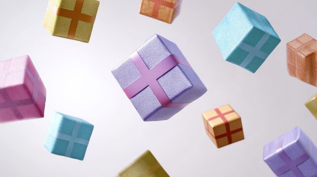 Many colorful gift boxes with ribbons floating in mid-air, isolated on a bright background