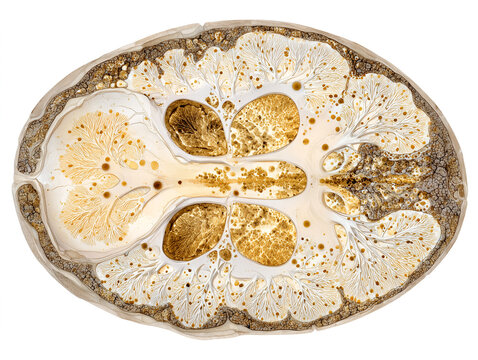 Human spinal cord cross section anatomy illustration showing butterfly-shaped gray matter anterior horn motor neurons posterior horns and surrounding white matter in warm amber gold tones