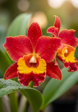 Vibrant red and yellow orchid blossoms glisten with fresh water droplets under soft lighting.