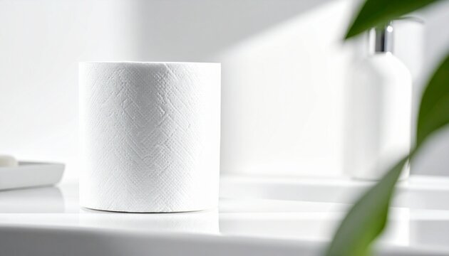 White toilet paper roll on smooth bathroom countertop beside white bar of soap, metallic pump dispenser, and small translucent bottle with green cap, bright lighting emphasizing clean minimalistic hyg