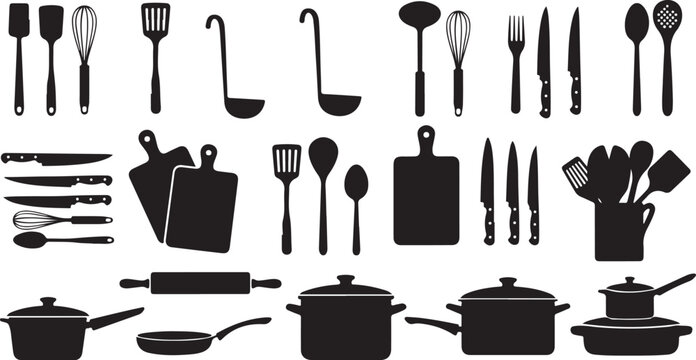 Black kitchen utensils and cookware silhouettes