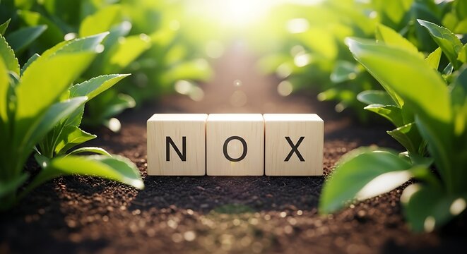 NOX spelled with wooden blocks in lush green plants