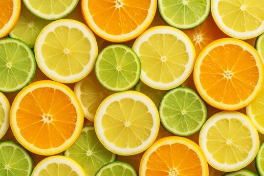 Citrus fruit slices pattern background with vibrant orange, lemon, and lime halves arranged in a seamless colorful layout. Ai generative. Ai generative