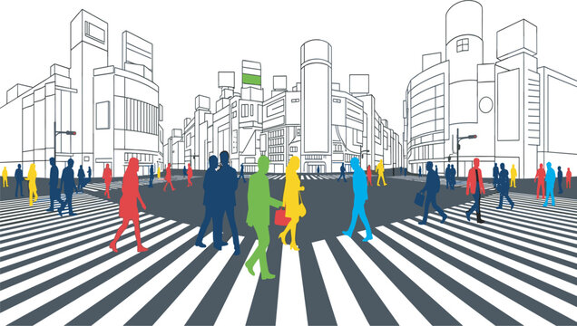 Tokyo Shibuya scramble intersection wide angle vector with time lapse style