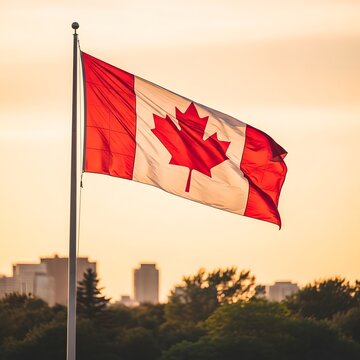 Celebrating canada day majestic canadian flag waving against a golden sunset national pride festivities