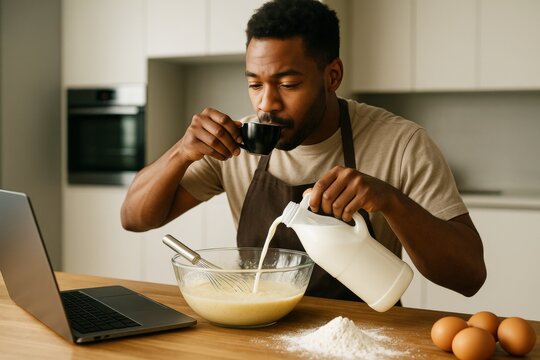 Man multitasking while cooking and drinking coffee in a modern kitchen, using laptop and preparing batter with milk, flour, and eggs on wooden table. Ai generative