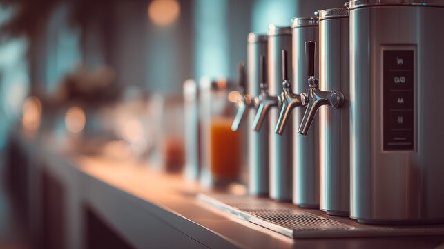 Insulated Drink Dispensers Aligned on Catering Table at Modern Event Venue