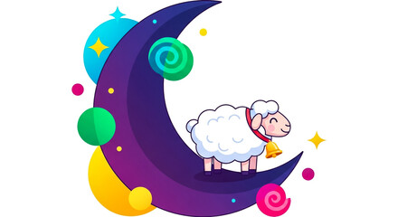 Naklejka premium A cartoon sheep sleeps peacefully on a colorful crescent moon