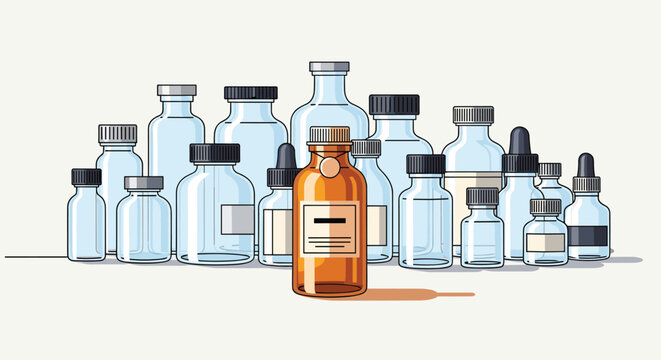 A collection of empty laboratory glass bottles and vials surrounds a single large amber medicine bottle with a label sitting on a flat white surface in lighting.