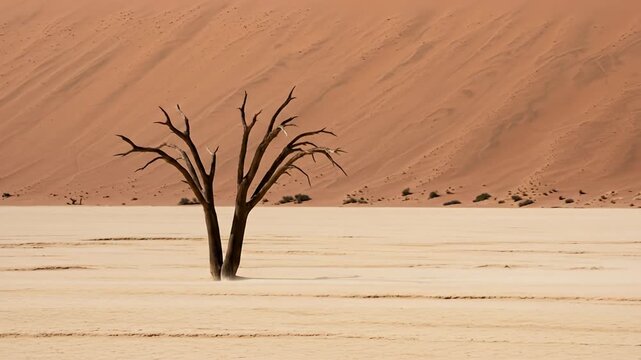 Solitary dead tree stands in a vast, flat, cracked desert against a large sand dune