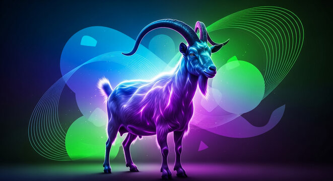 A vibrant purple goat stands in front of a neon green and blue background