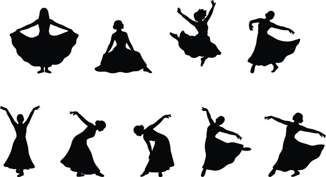 Collection of elegant female dancer silhouettes in flowing dresses performing ballet and expressive dance poses isolated on white background