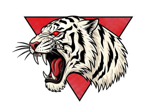 Roaring white tiger head illustration on red triangle background