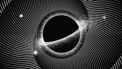 Black hole with disc of plasma eating dying star in space. Supermassive singularity in core off a galaxy, with spiral lines . Event horizon .Vector illustration © miloje