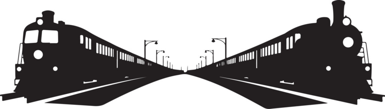 Black silhouette of two trains facing each other
