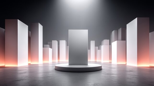 Central Podium Surrounded by Tall Rectangular Prisms in Dramatic Lighting