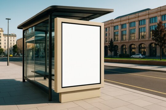 Blank vertical billboard at modern bus stop on city street under daylight, ideal for advertisement, branding or promotional poster mockup concept.