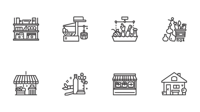 Grocery Store Icons Collection: A collection of simple, black-and-white icons illustrating the various aspects of a local grocery store, from shelves to scales, and market stalls. 