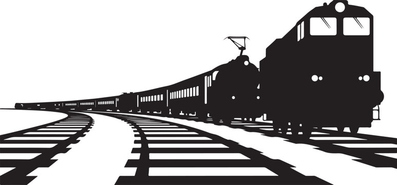Black silhouette train on curved railroad tracks