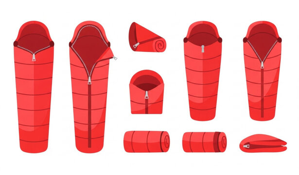 Red sleeping bag collection in different positions flat outdoor camping gear vector illustration set