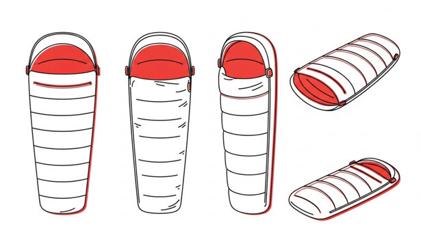 Sleeping bags outline set with red accents multiple angles minimal line art camping vector illustration