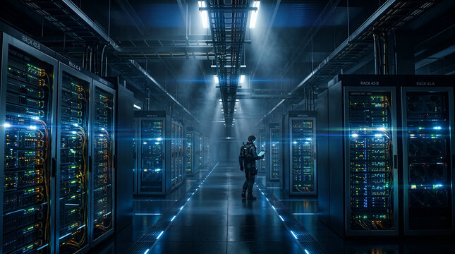 Technician walks through a dark server room aisle while performing routine maintenance on the high-capacity hardware racks in the facility.