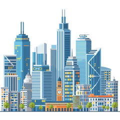 Fototapeta premium Modern Cityscape Skyline with Tall Buildings and Clock Tower - Flat Design Illustration