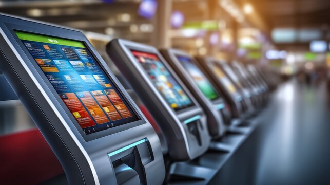 Modern Touchscreen Self-Service Kiosks Positioned in an Airport Terminal