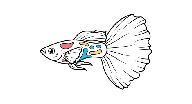 Detailed guppy fish illustration with colorful spots on its body and a large flowing white tail isolated on a plain white background for design.